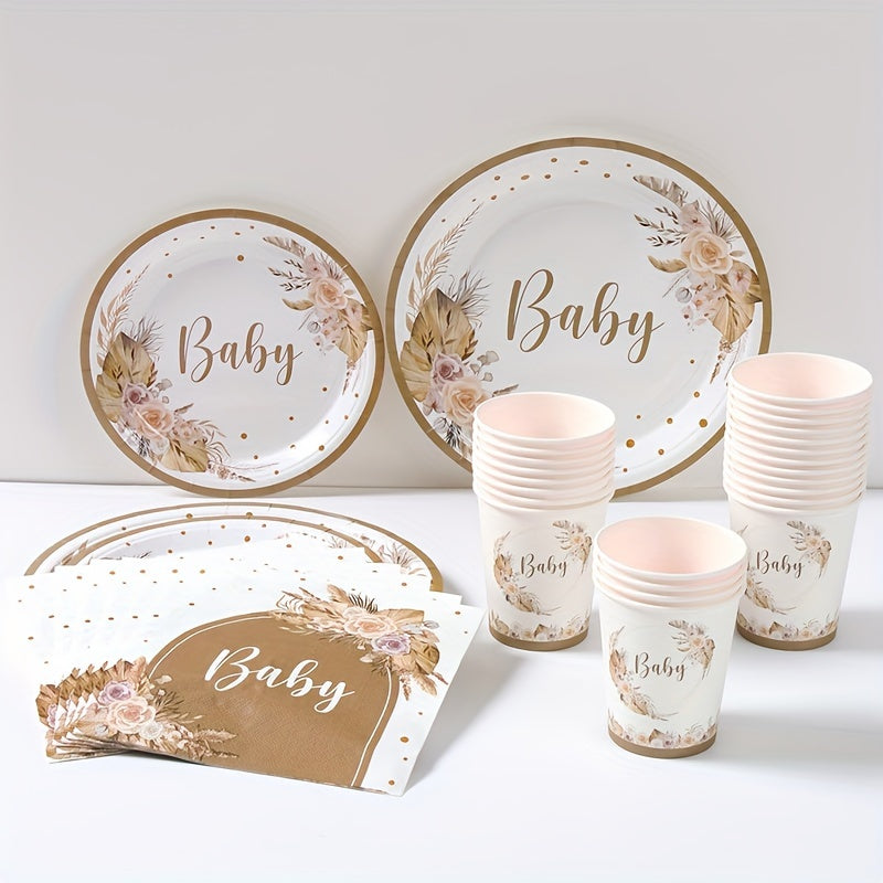 Boho Baby Shower Tableware Kit for 8 Floral Paper Plates Napkins Cups