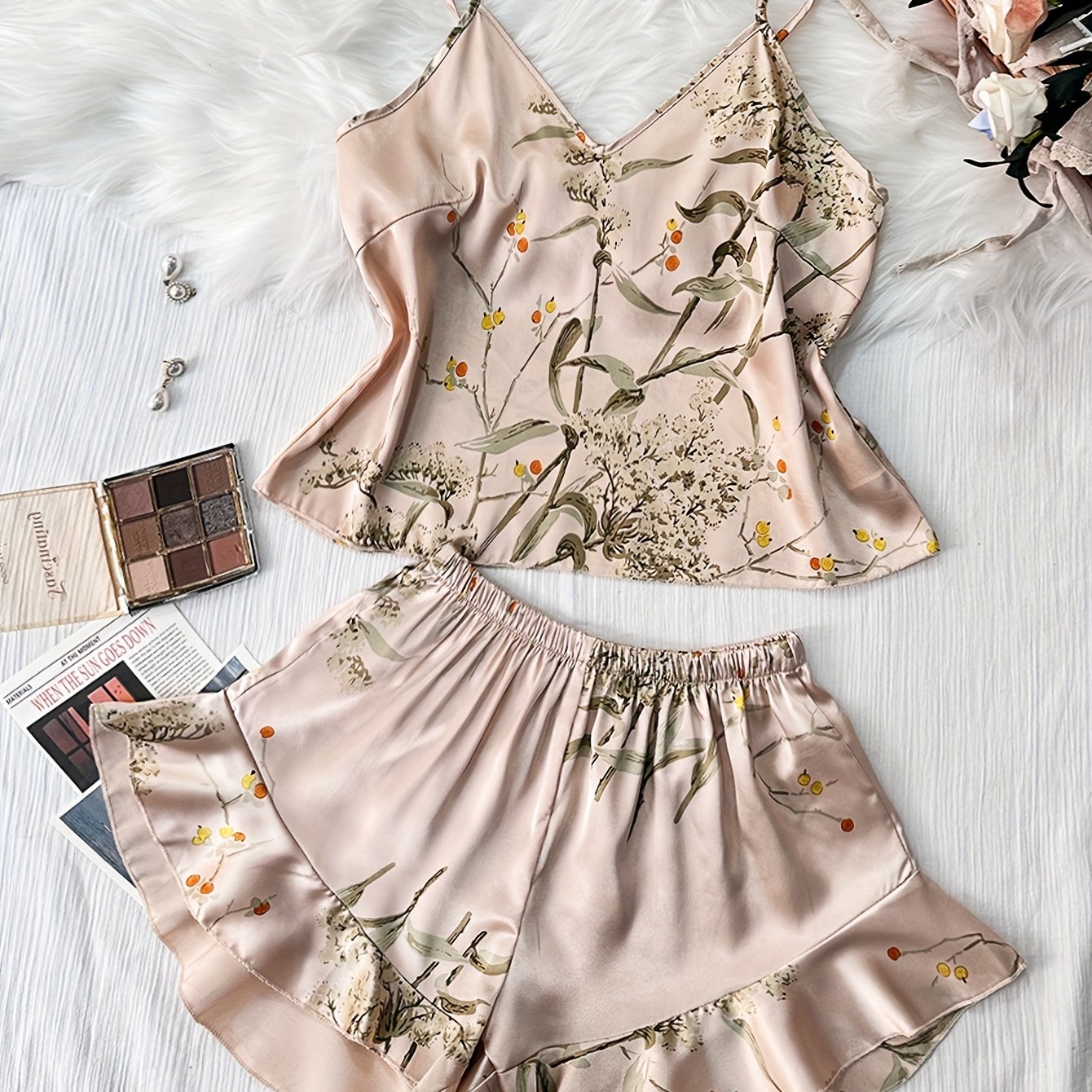 Women's Satin Sleepwear Set with V-Neck Camisole and Ruffle Hem Shorts