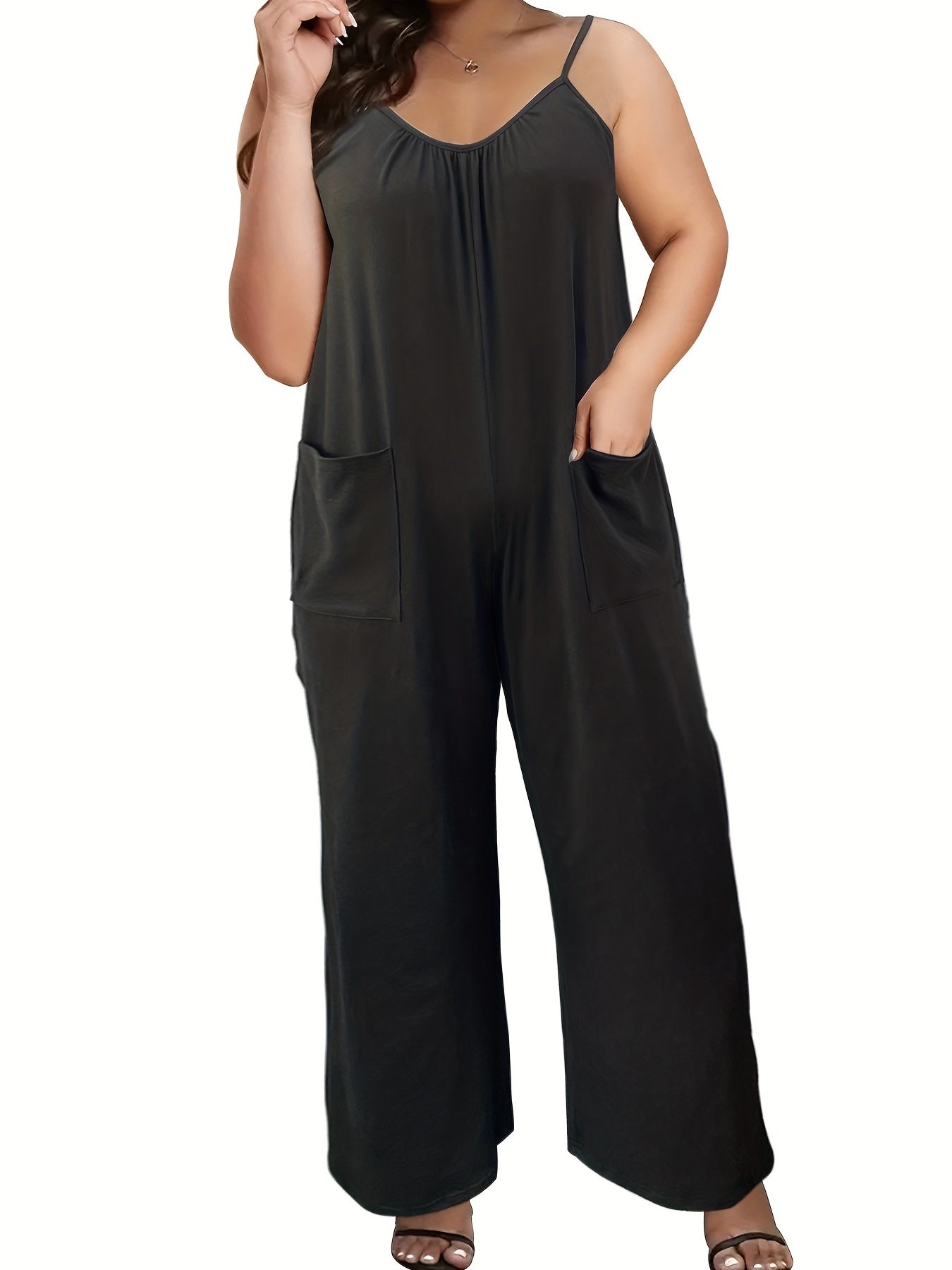Plus Size Women's Casual Jumpsuit Solid T-Shirt Style Wide Leg With Pockets