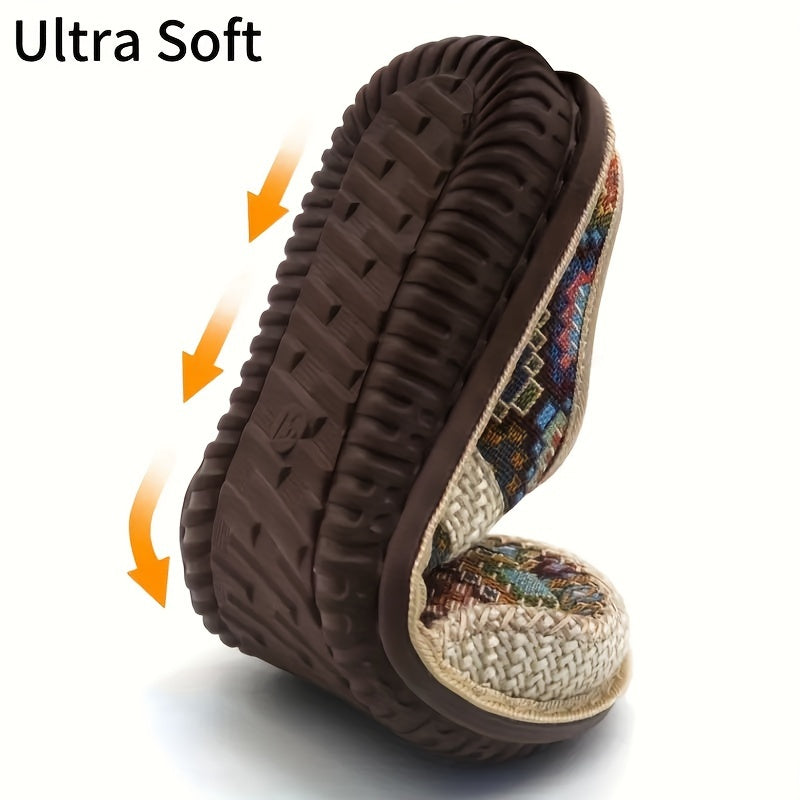 Women's Geometric Linen Mules with Round Toe Non-slip Flat Shoes