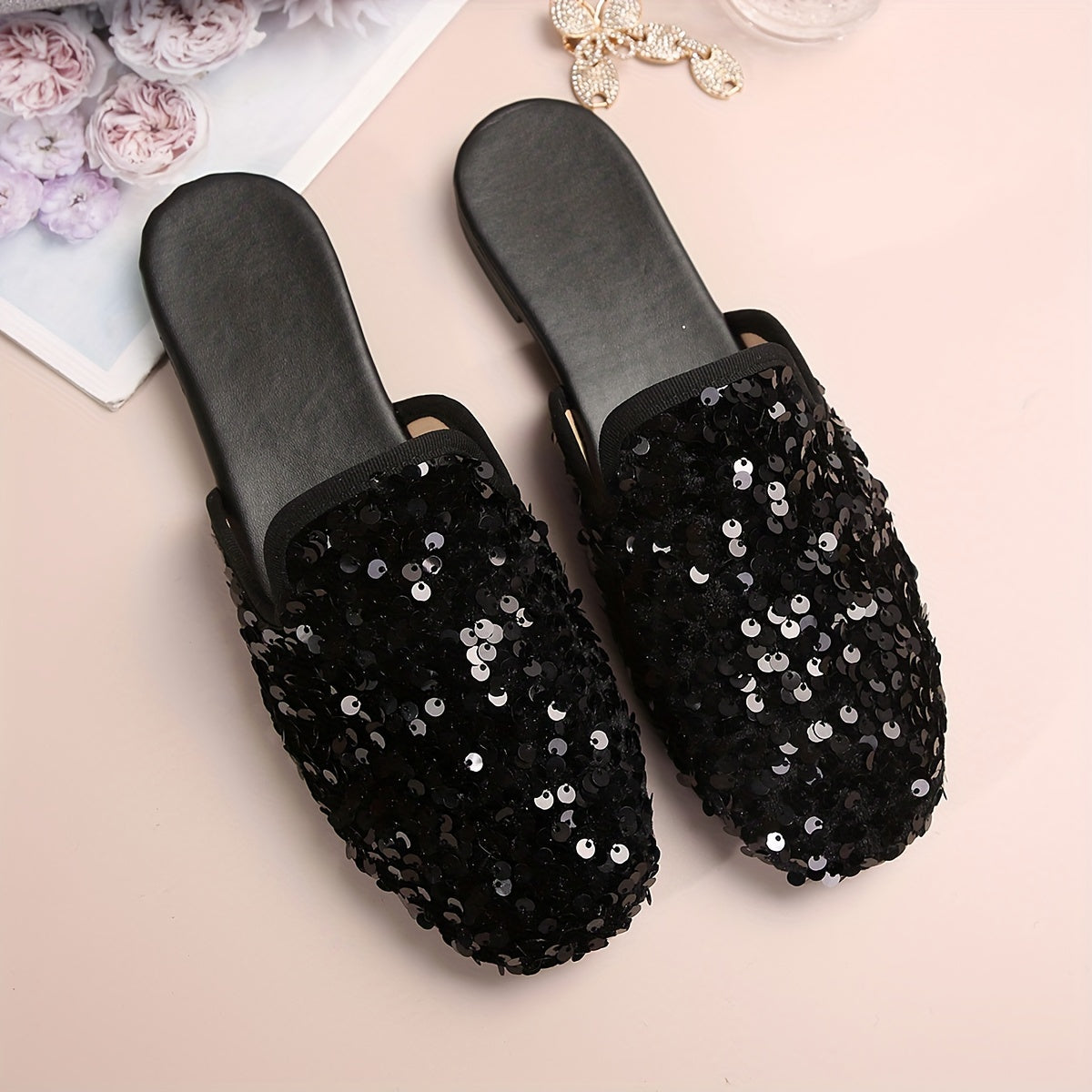Women's Sequin Flat Shoes with Round Toe Slip-On Lightweight Fabric