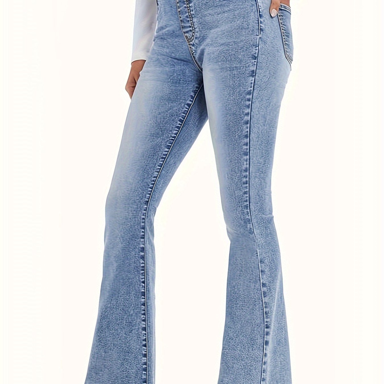 Women's Light Wash Blue High-Waisted Flare Jeans with Elastic Waistband and Stretch Denim