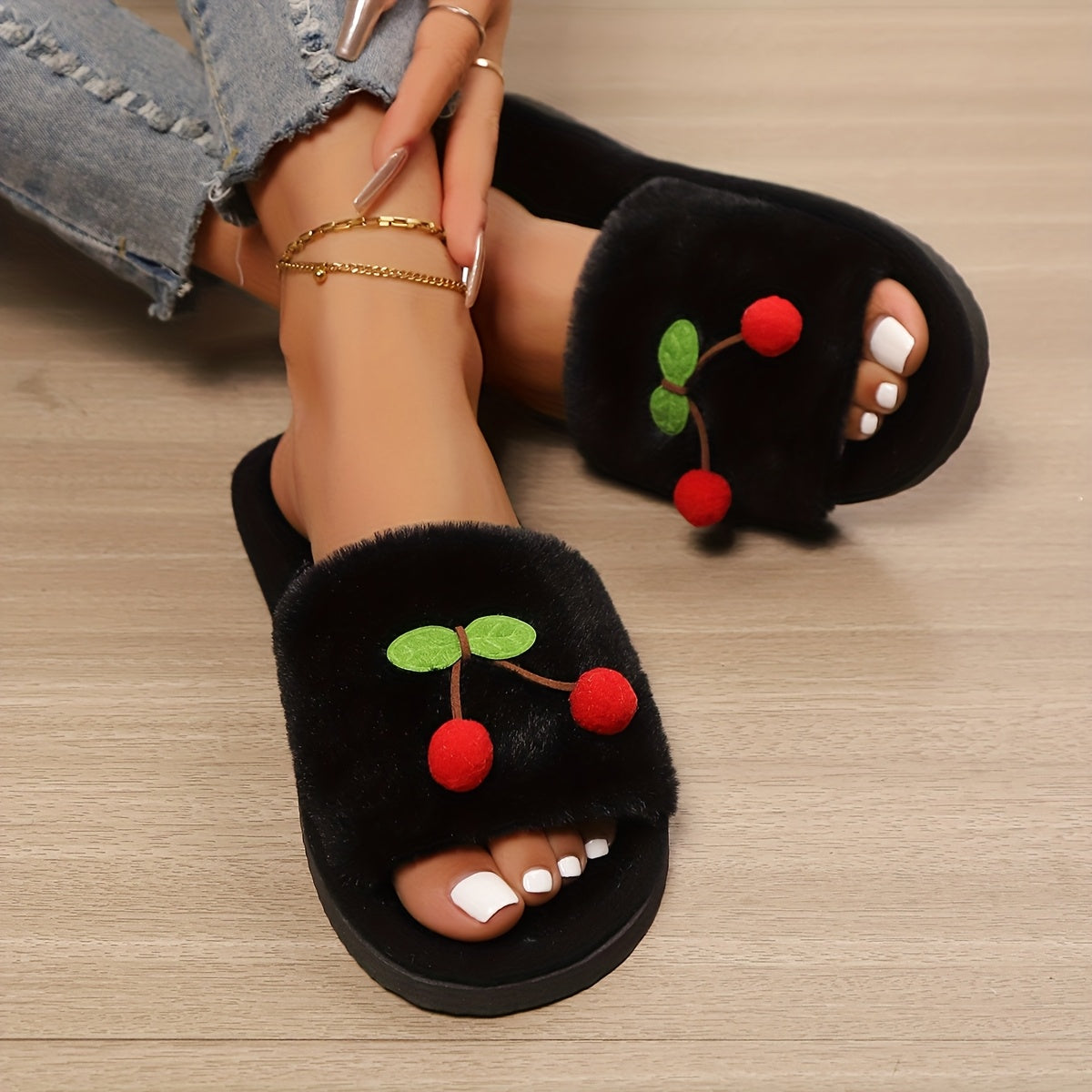 Women's Cherry and Green Leaf Slip-On Slippers, Soft EVA Sole, Indoor Outdoor