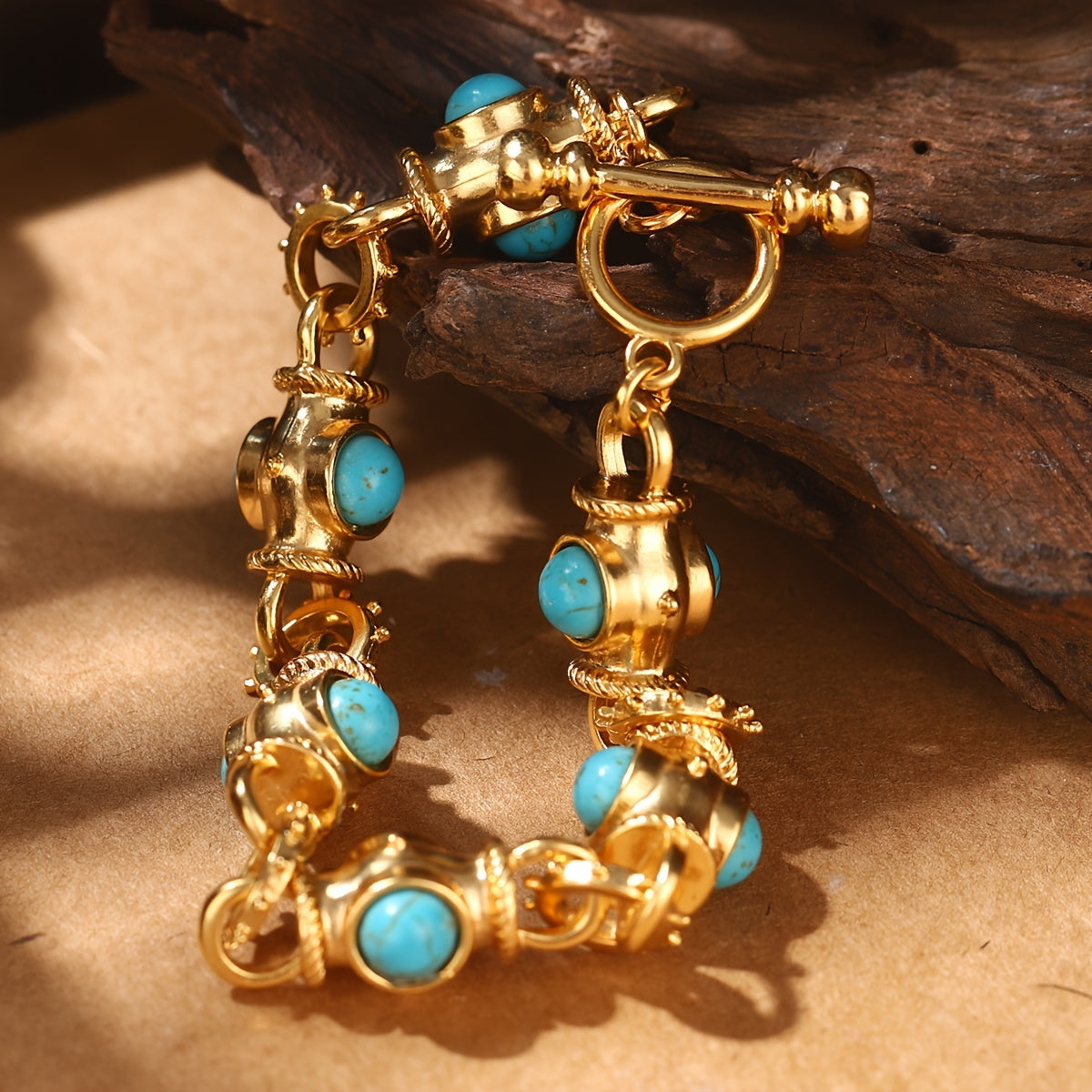 Gold-Plated Alloy Bracelet for Women with Turquoise Accents and Geometric Links