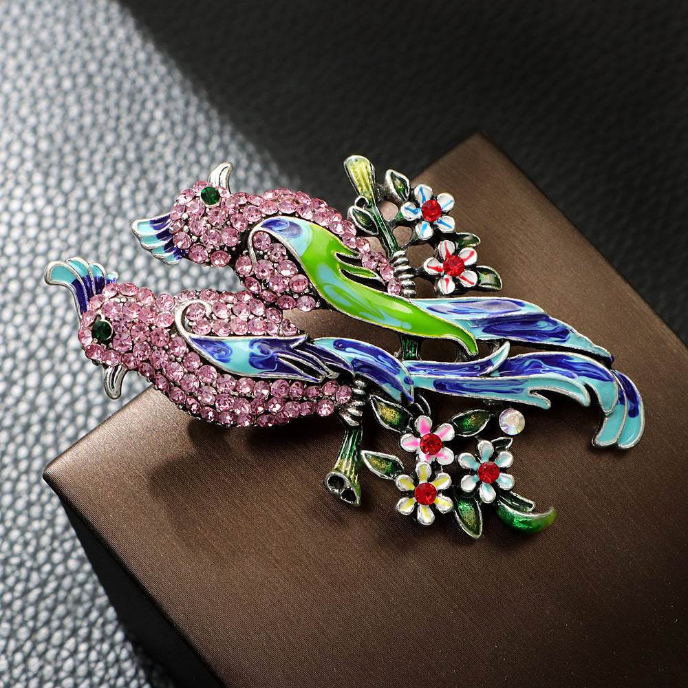 Enamel Bird Brooch with Rhinestones Vintage Animal Pin for Ladies and Women