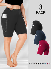 Women's High-Waist Biker Shorts Plus Size Crescent Moon Pockets Stretchy Polyester