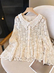 Blusa de encaje de crochet con cuello en V para mujer talla plus de manga larga primavera verano