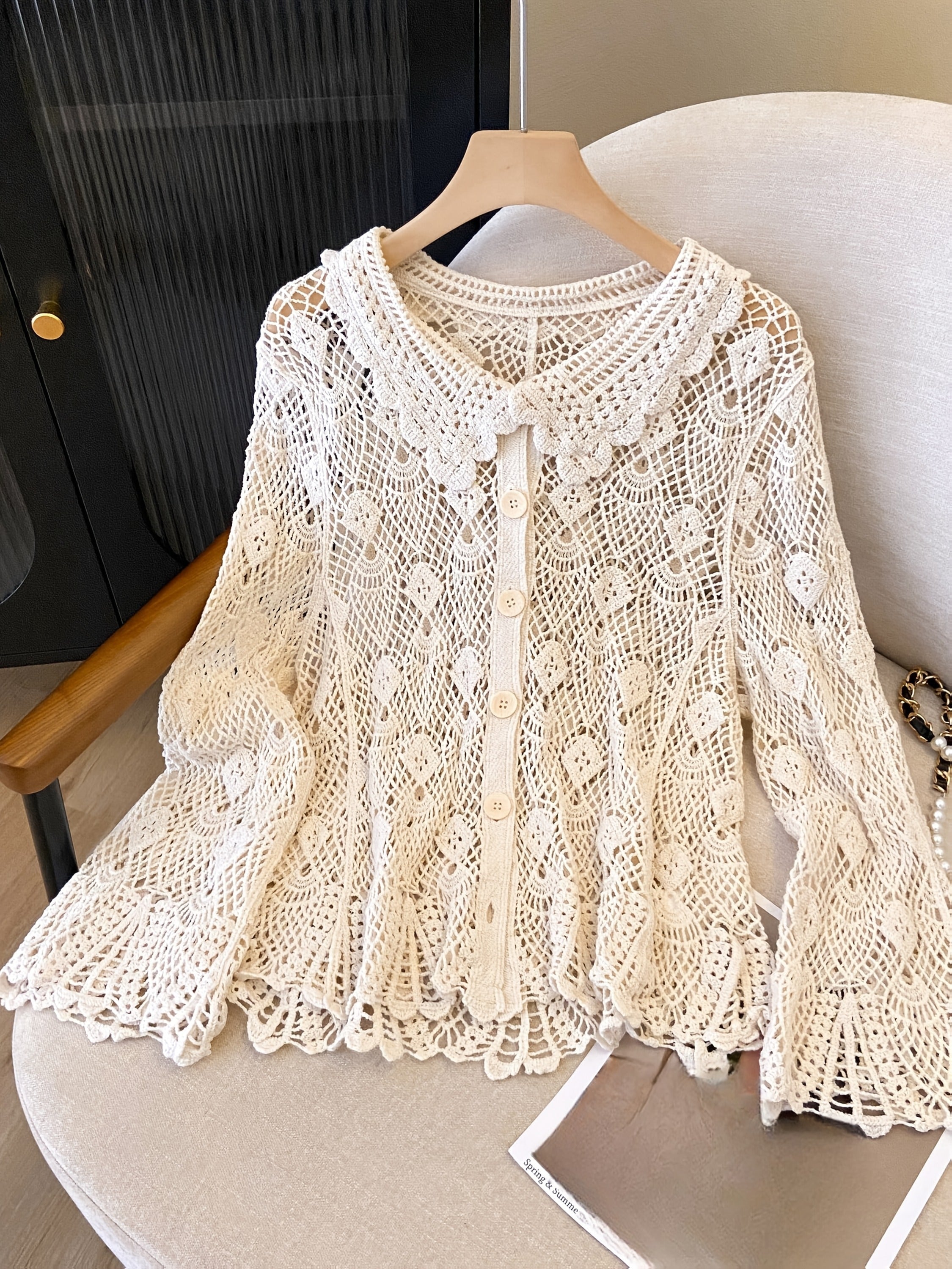 Blusa de encaje de crochet con cuello en V para mujer talla plus de manga larga primavera verano