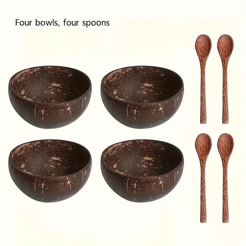 Set of 4 Coconut Bowls and Wooden Spoons for Salads and Ice Cream Natural Coconut