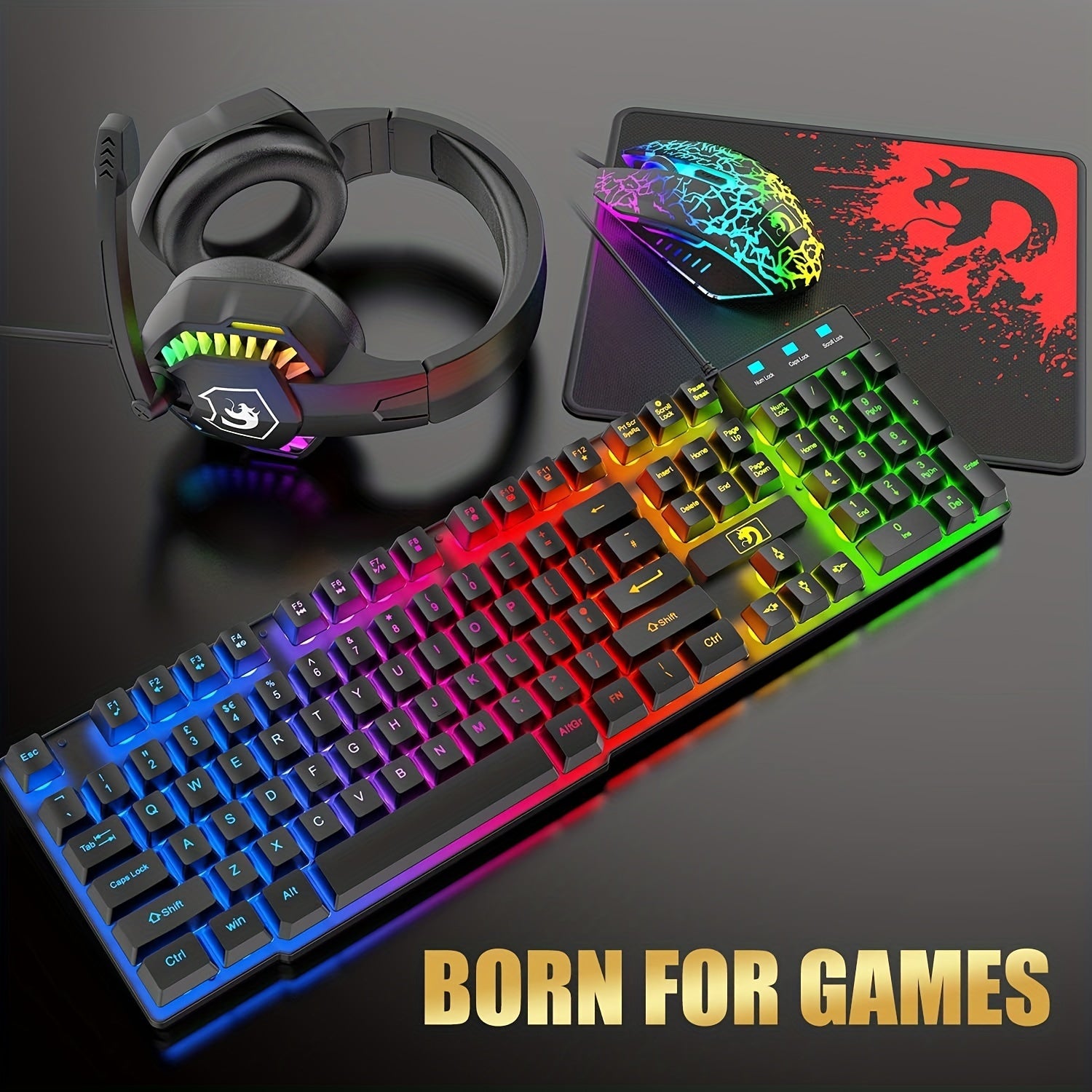Wired Gaming Keyboard and Mouse Set with Rainbow LED Backlit and Headset for PC and Console