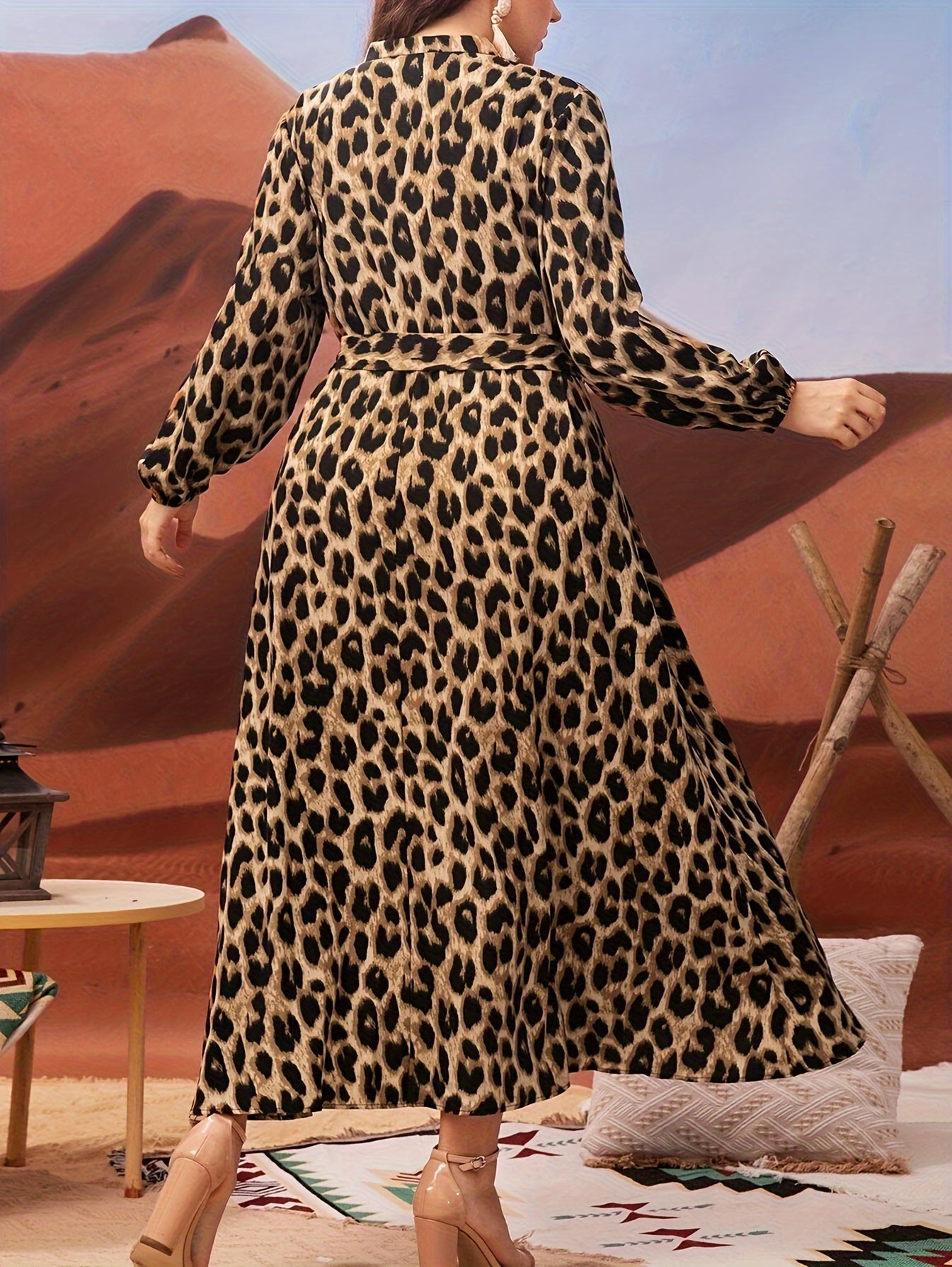 Plus-Size Leopard Print Dress with Lantern Sleeves Belt Collared Neckline Polyester All-Season