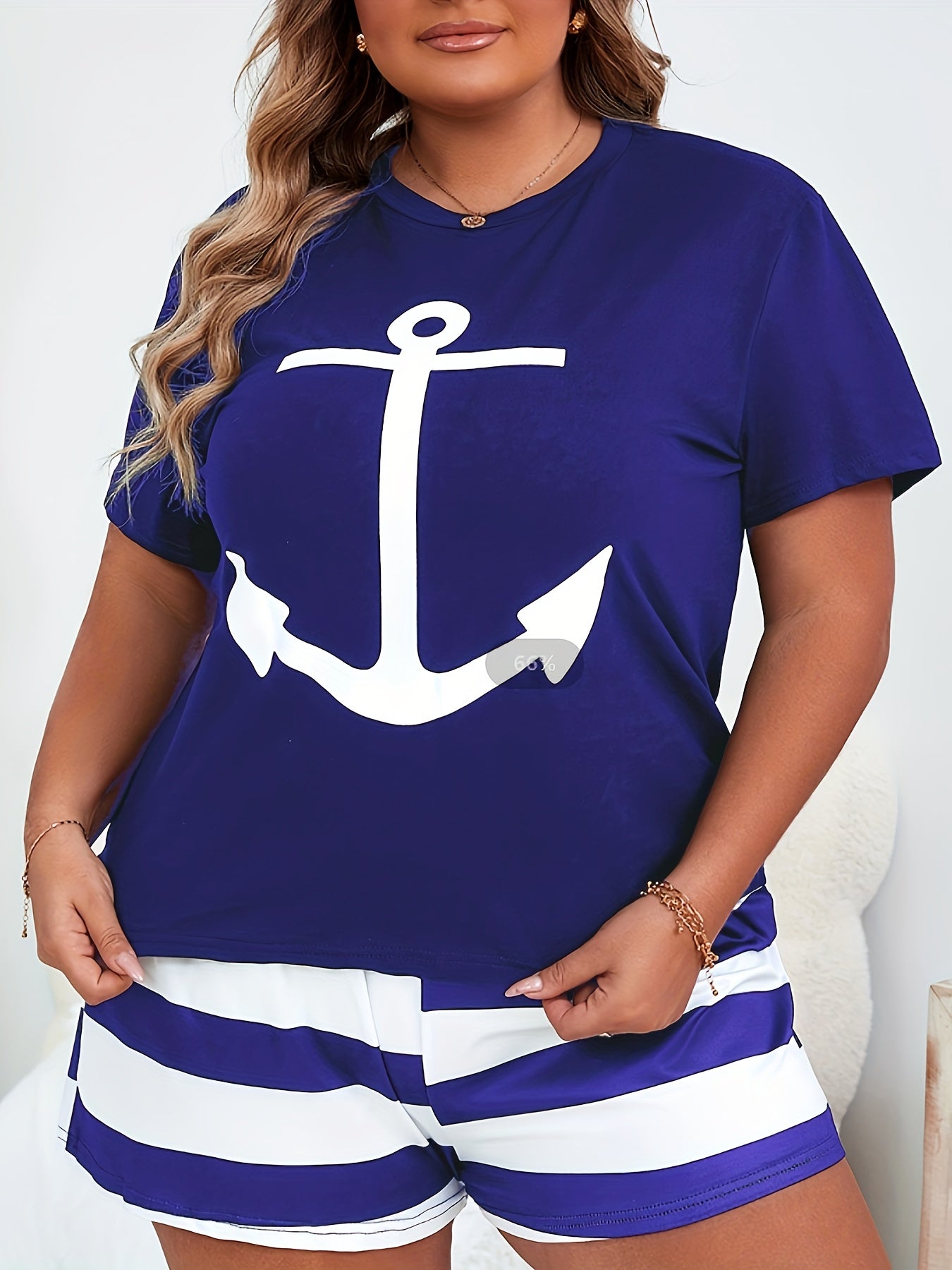 Plus Size Loungewear Set Women's Anchor Print Short Sleeve Top & Striped Shorts