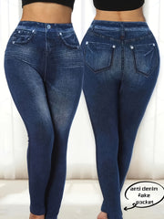 Women's Plus Size Faux Denim Skinny Pants Polyester Knit All-Season Printed