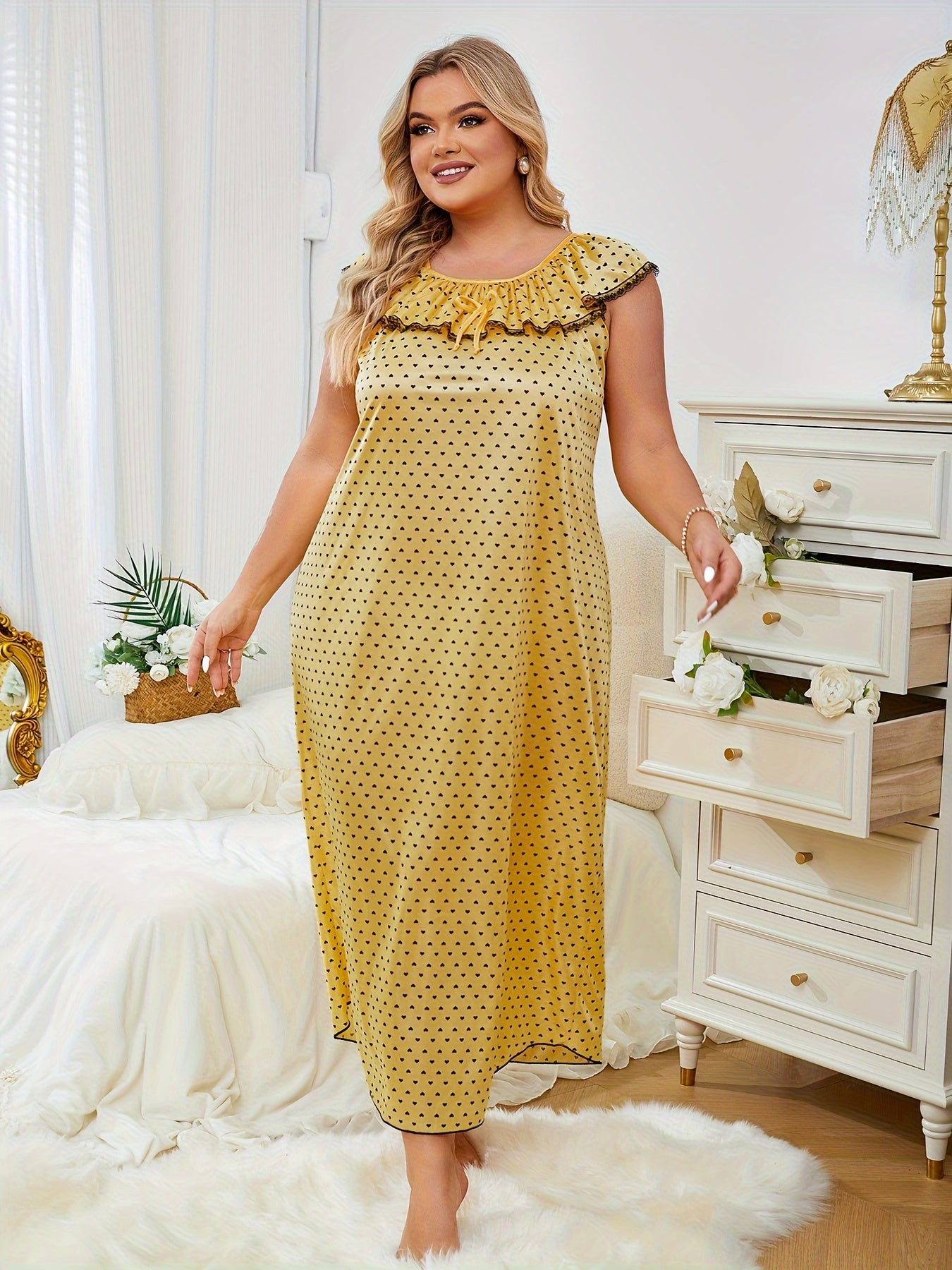 Women's Plus Size Nightdress Heart Print Ruffle Lace Lounge Dress
