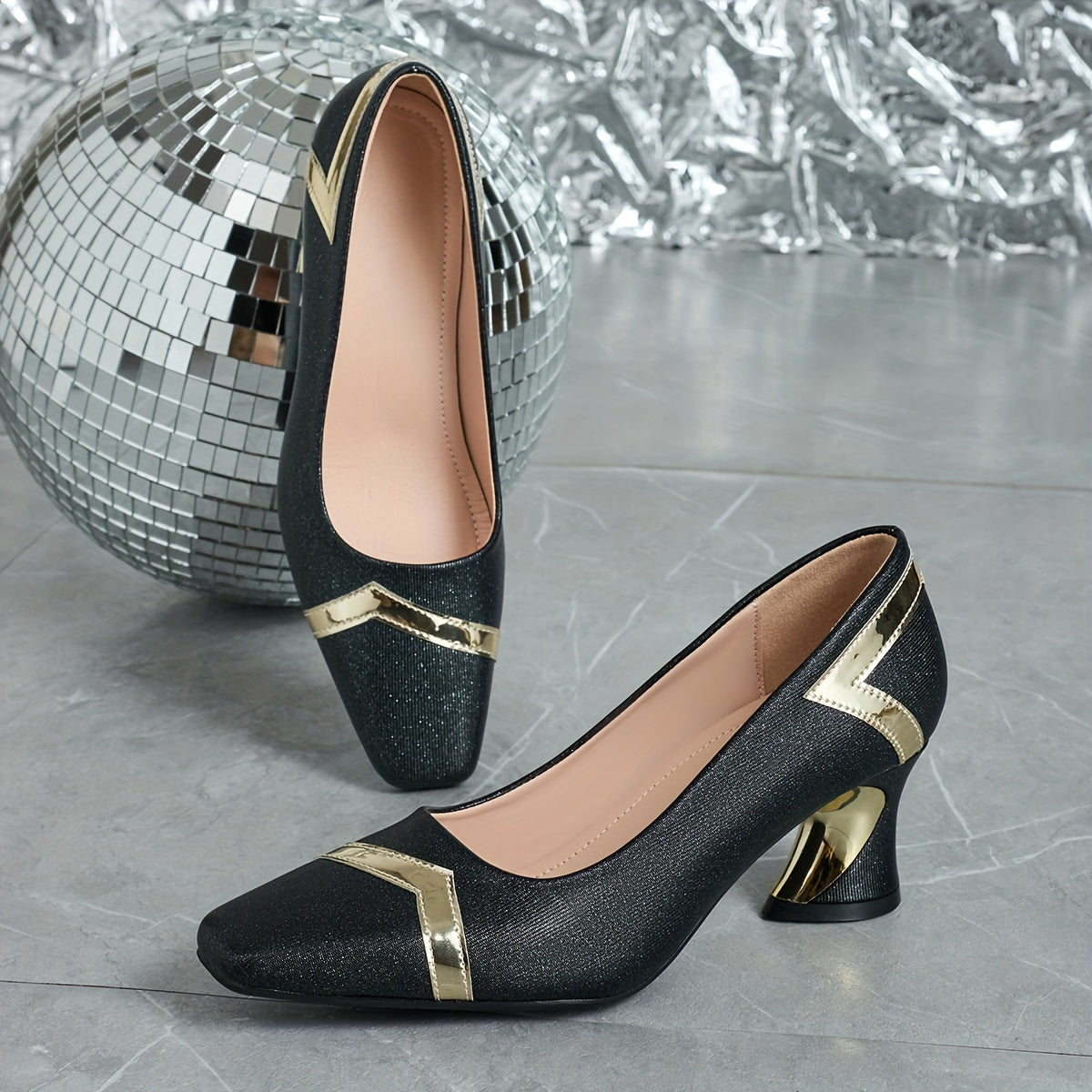 Women’s Casual Square Toe Block Heel Shoes All Season Synthetic Glitter