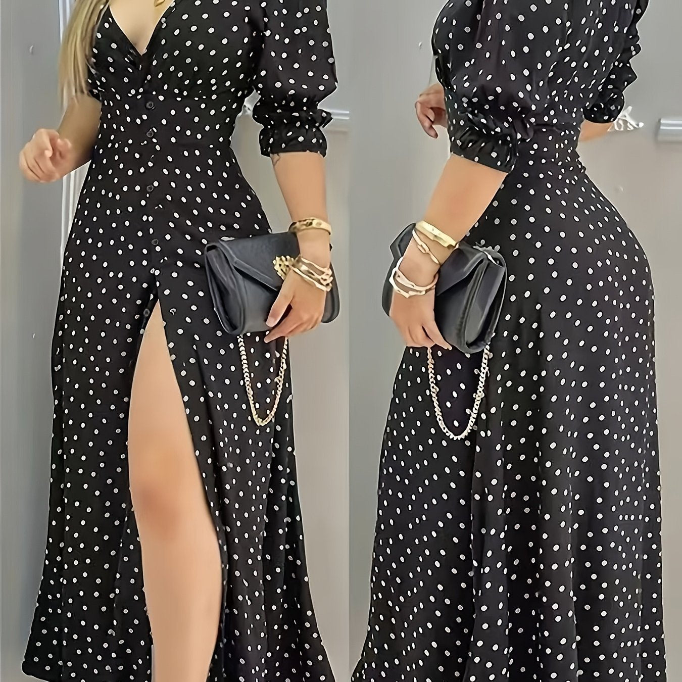Vestido largo de mujer con escote en V y lunares, con abertura alta, ajustado en poliéster para primavera, verano y otoño