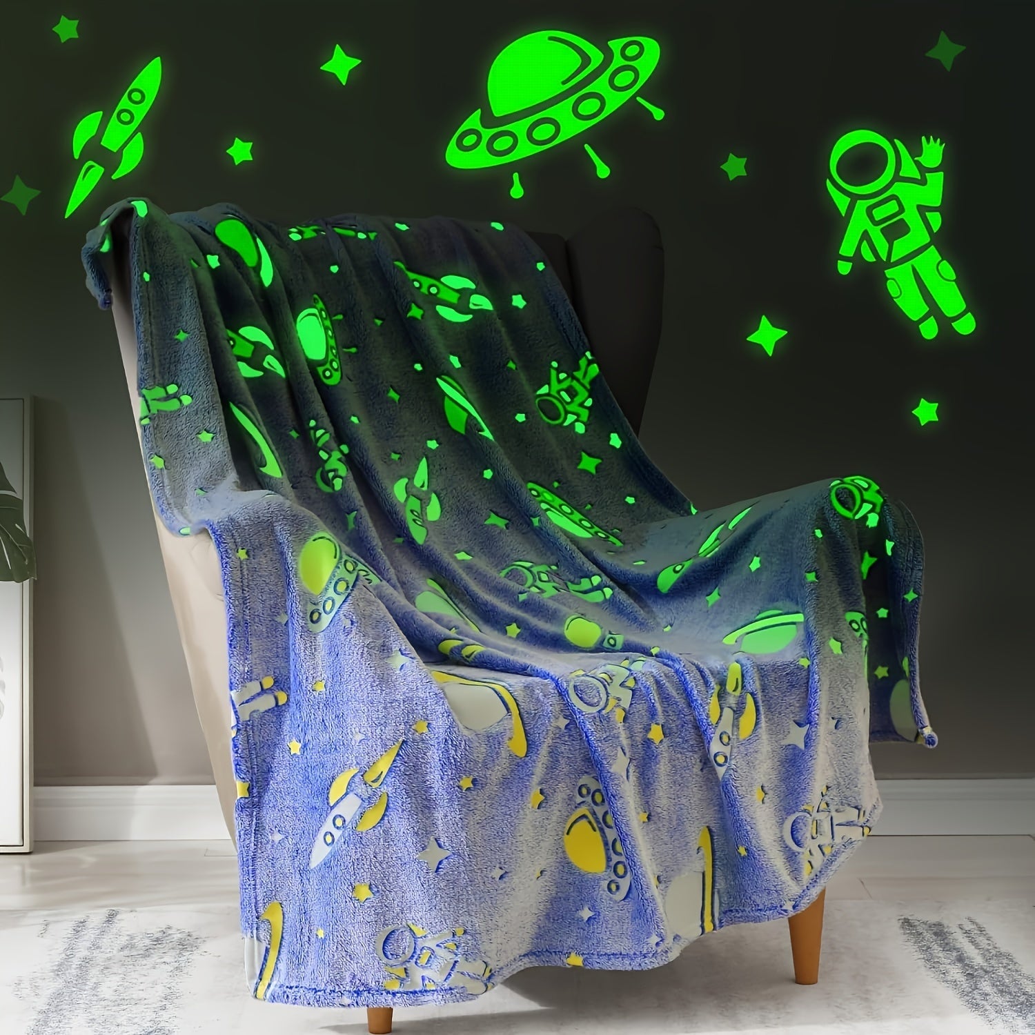 Glow-in-the-Dark Astronaut Flannel Throw Blanket for Kids and Adults