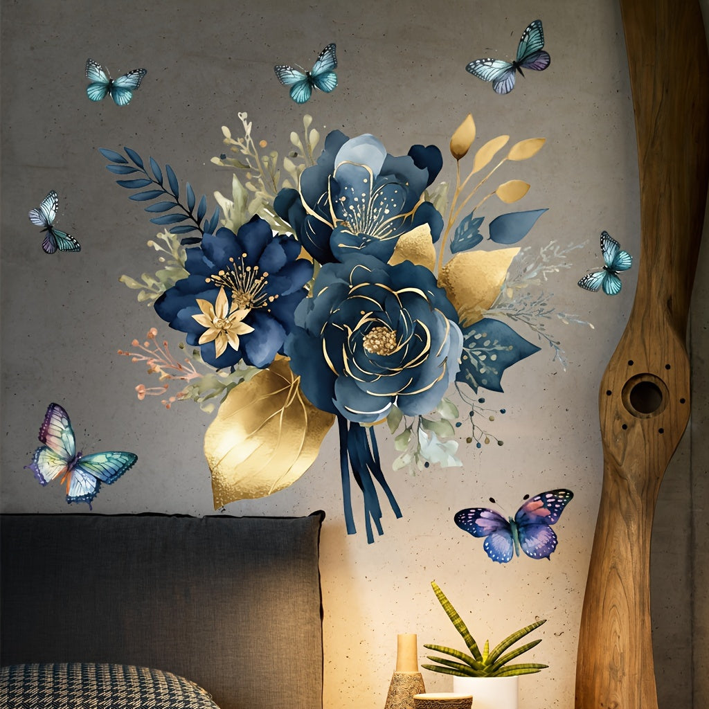 Blue Flower Butterfly Wall Sticker Removable PVC Decor for Kitchen Walls