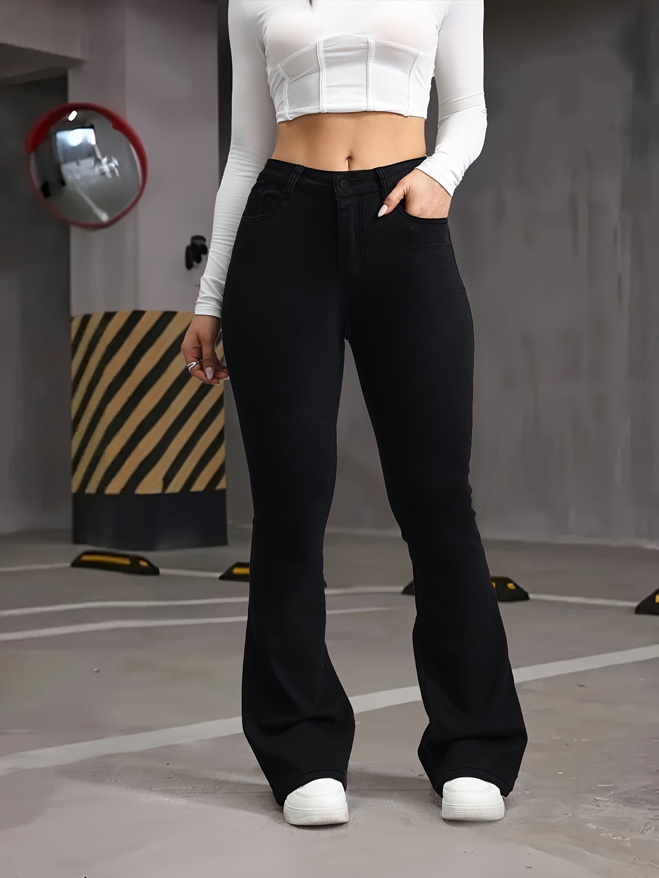 Plus Size High Waist Flare Jeans Stretch Denim Bell Bottoms Solid Color