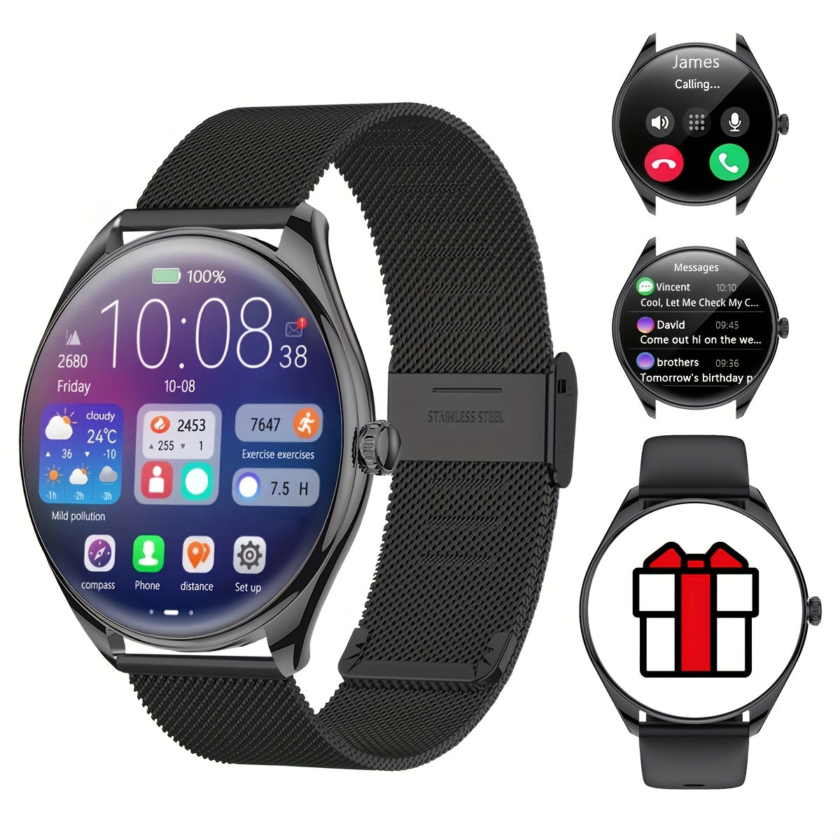 Ultra-Thin Smart Watch with Call Function Stainless Steel Fitness Tracker 100+ Sport Modes