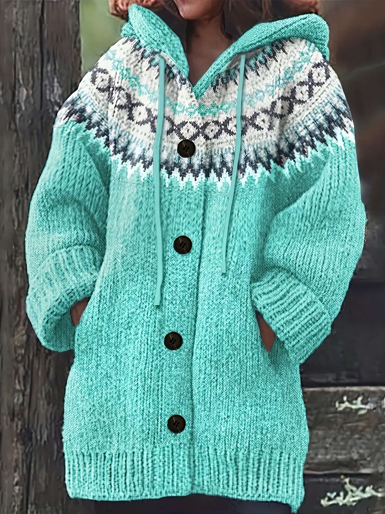 Plus Size Women's Geometric Pattern Hooded Cardigan Long Sleeve Winter Coat with Pockets