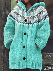 Plus o'lchamli ayollar uchun geometrik naqshli kapüşonli kardigan uzun qolli qishki kurtka, cho'ntaklar bilan