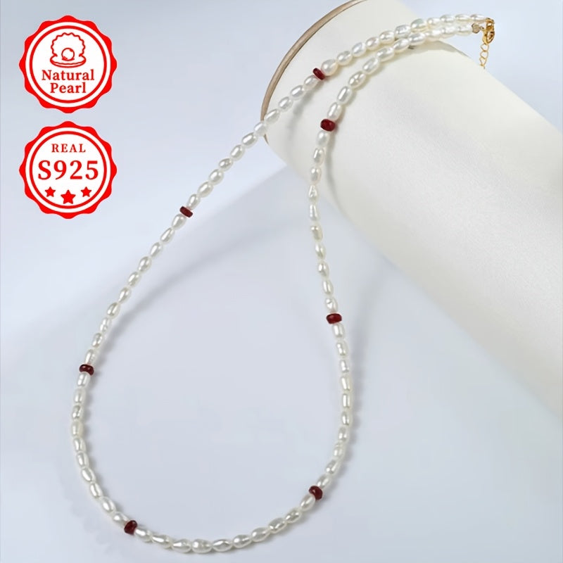 Women’s Freshwater Pearl Necklace with Silver Clasp Adjustable Rice-Shaped June Birthstone Jewelry