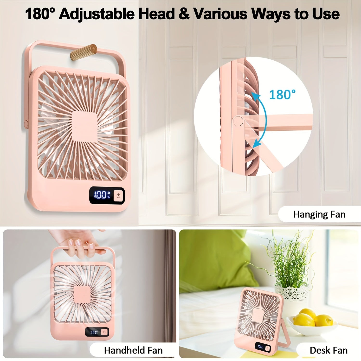 Portable Pink USB Desktop Fan 16.5cm Foldable 5-Speed for Home Office Outdoor