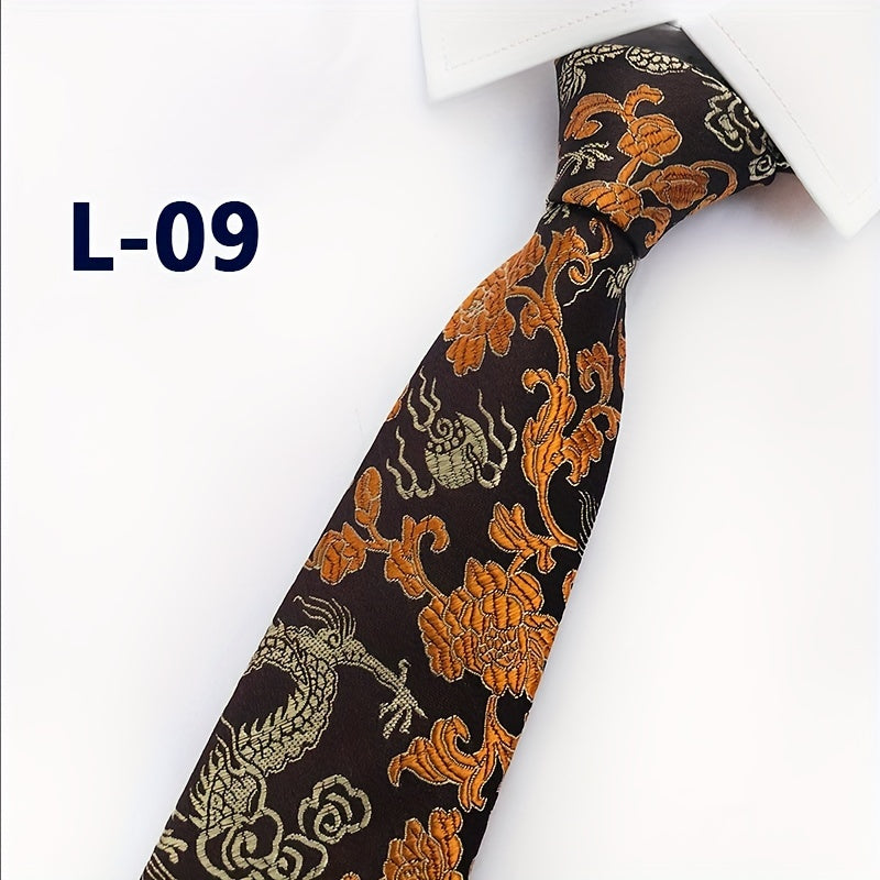 Men's Silk Tie with Hand-Embroidered Chinese Dragon and Peony Design