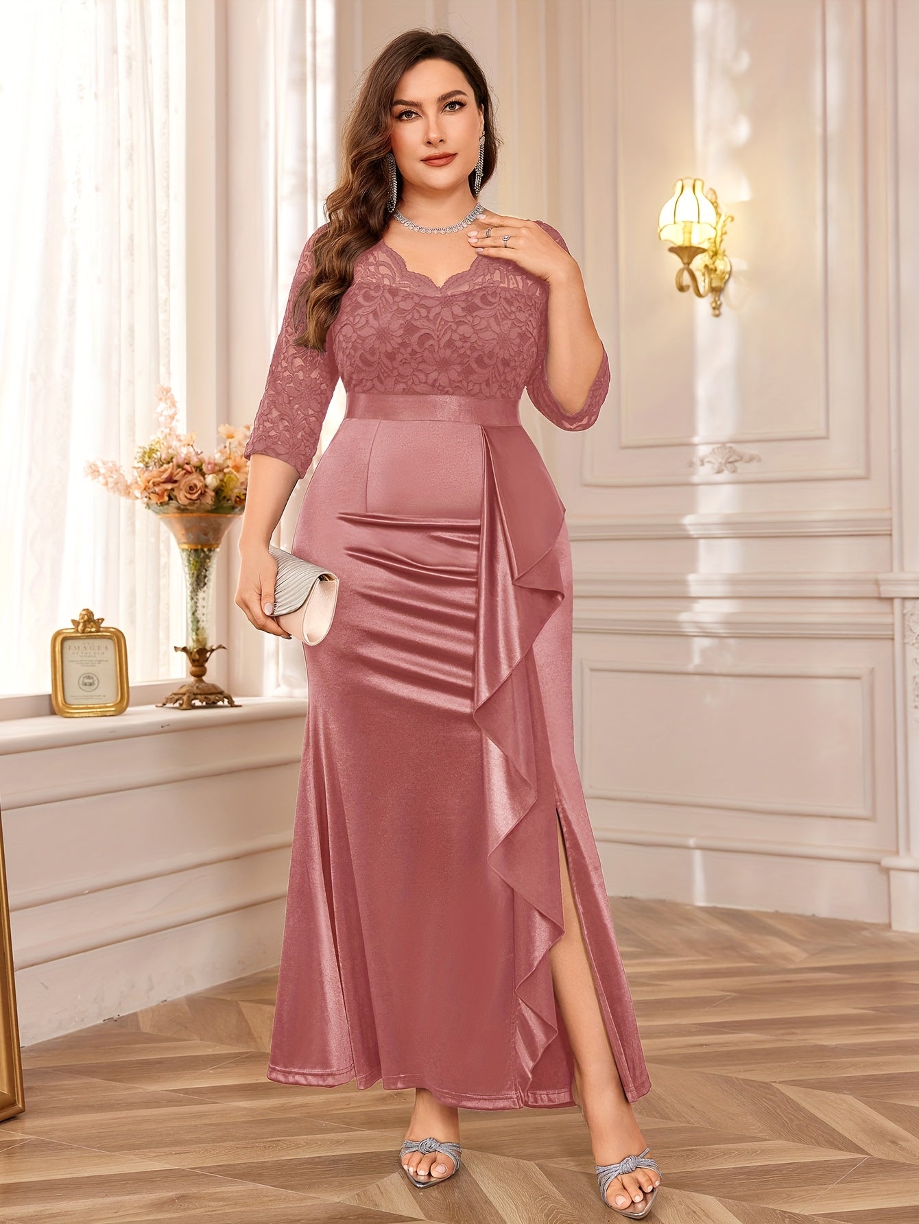 Women Navy Blue Lace-Trim V-Neck Mermaid Gown Ruffle Side Slit