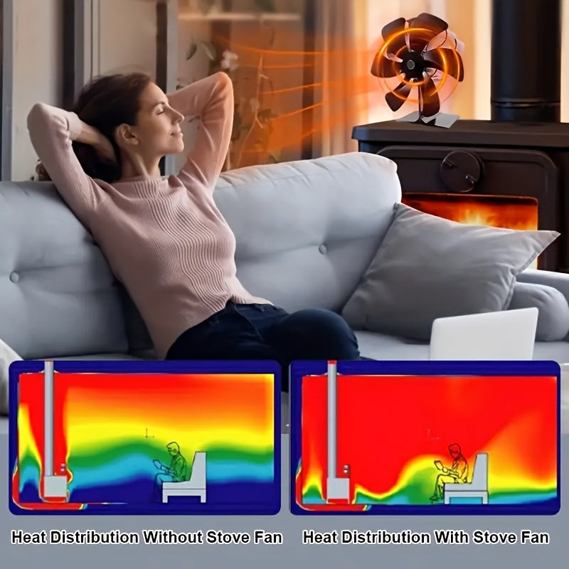 Wood Stove Fan with 6 Blades Heat-Powered No Electricity Needed for Firewood Gas Heating