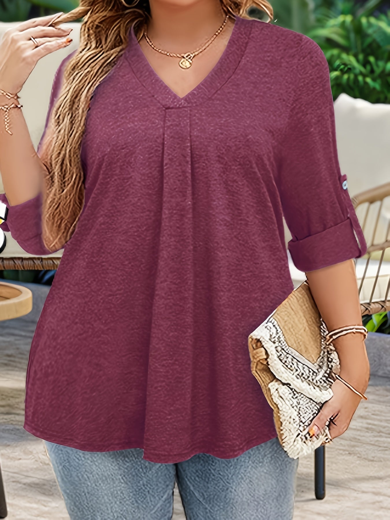 Plus Size Women's V-Neck Blouse 3/4 Sleeve Solid Color Casual Top