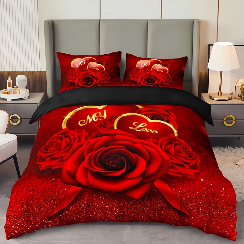 Conjunto de ropa de cama con funda nórdica de flores de rosas rojas románticas de 3 piezas con impresión HD para el Día de San Valentín