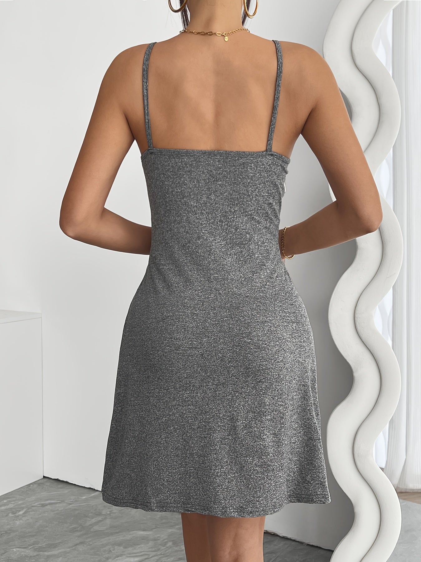 Camisón de punto para mujer con ribete de encaje, color sólido, ropa de dormir para todas las estaciones