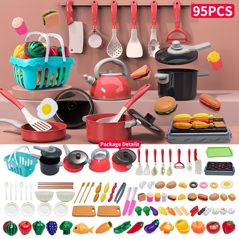 Kids Kitchen Play Set for Children Aged 3 Plus with 32-95 Pieces Including Fruits Vegetables Utensils Colorful Role Play Toy