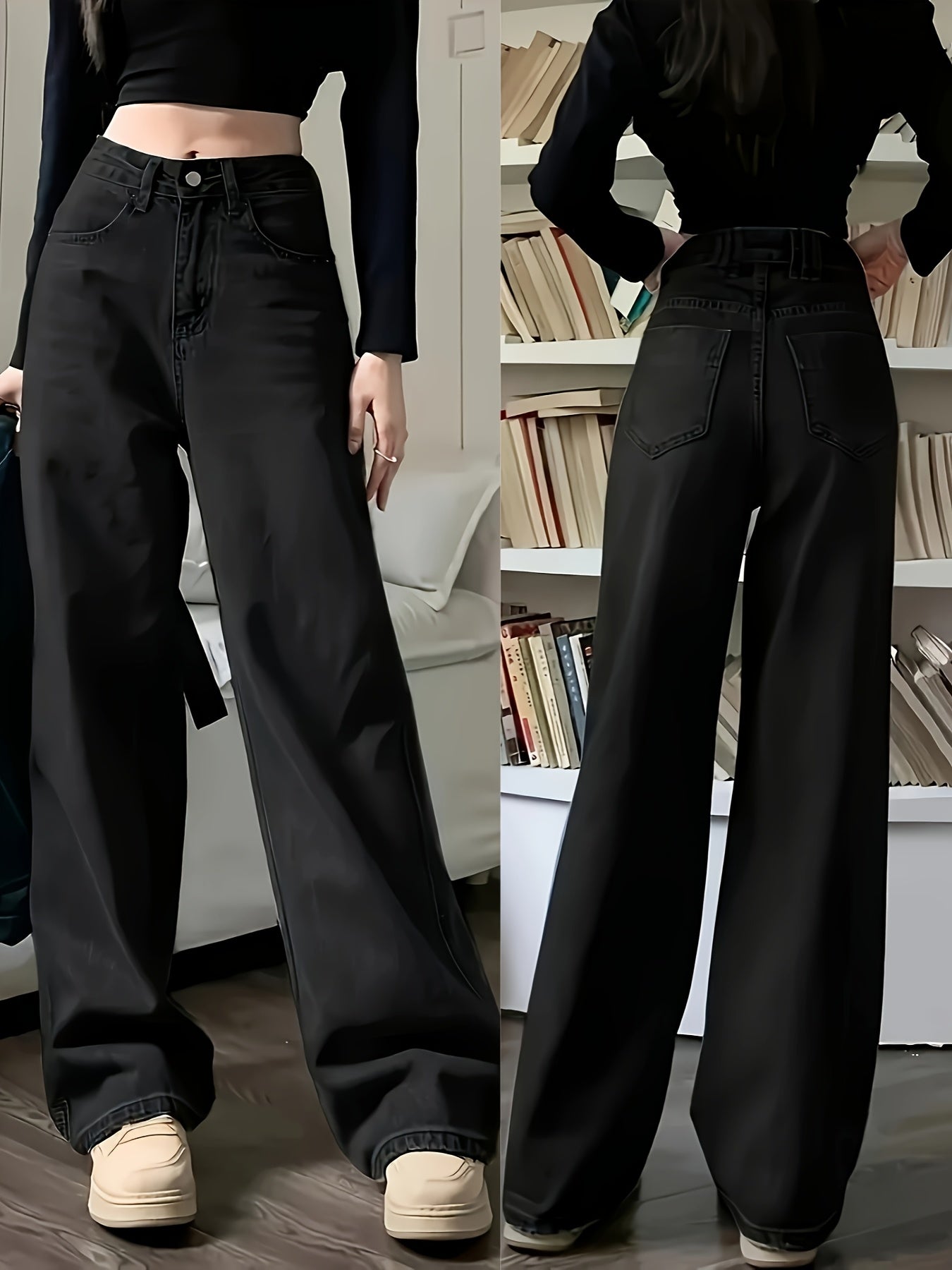 Ayollar uchun retro uslubidagi keng oyoqli, yirtilgan denim jinsi shimlar, fermuar tugmachali yopish.