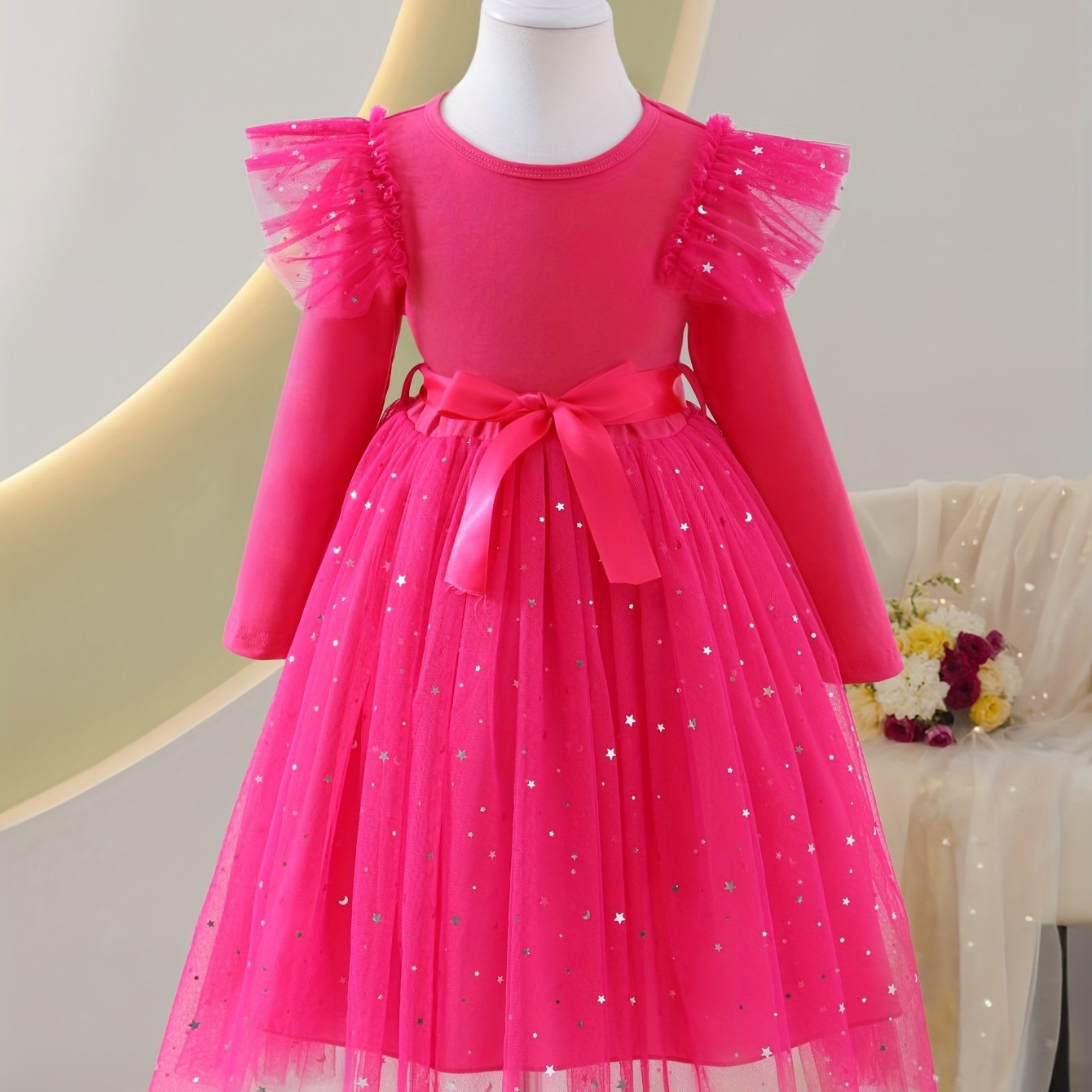 Girls Long Sleeve Tulle Hem A-line Dress for Spring Fall Casual Party Outdoor