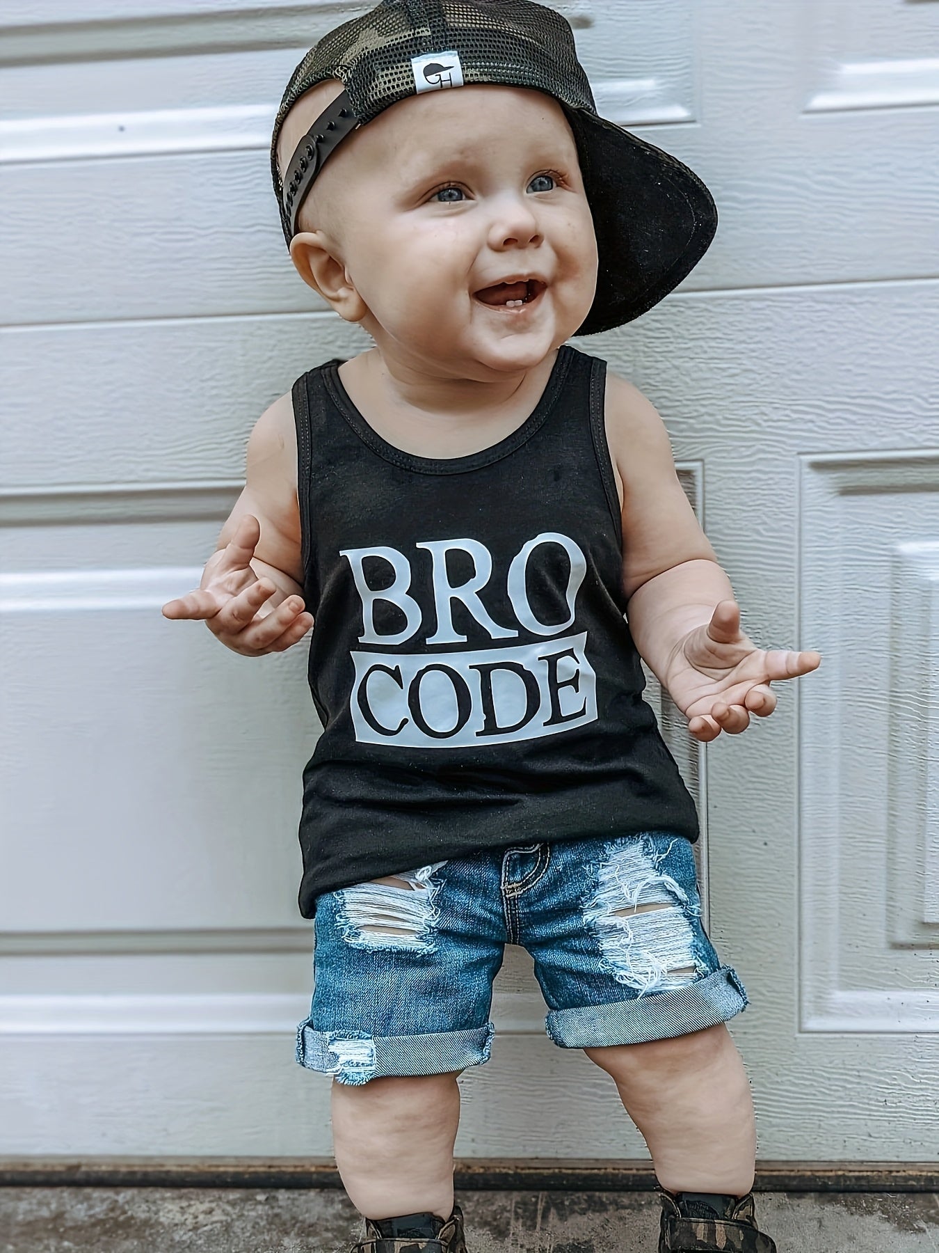 Kids Boys 2-Piece Outfit Sleeveless Tank Top Ripped Shorts Sports Style Polyester Spandex