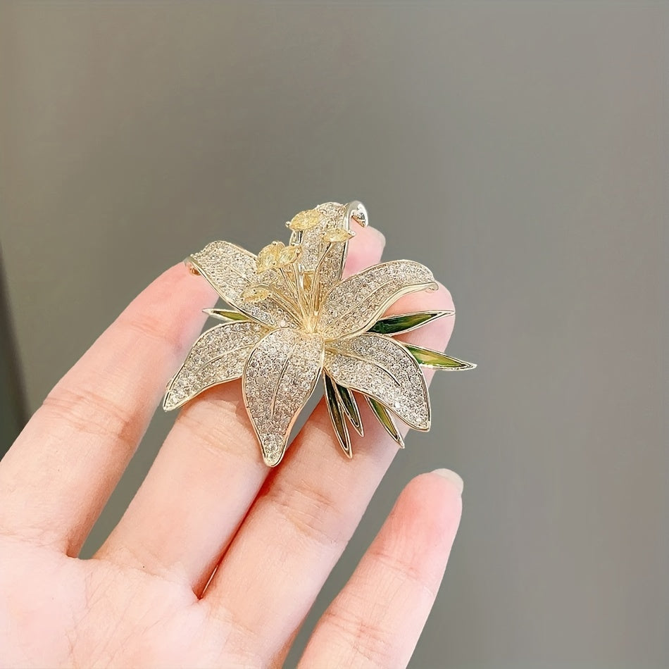 Elegant Lily Flower Brooch with Diamonds Alloy Lapel Pin for Women's Fashion
