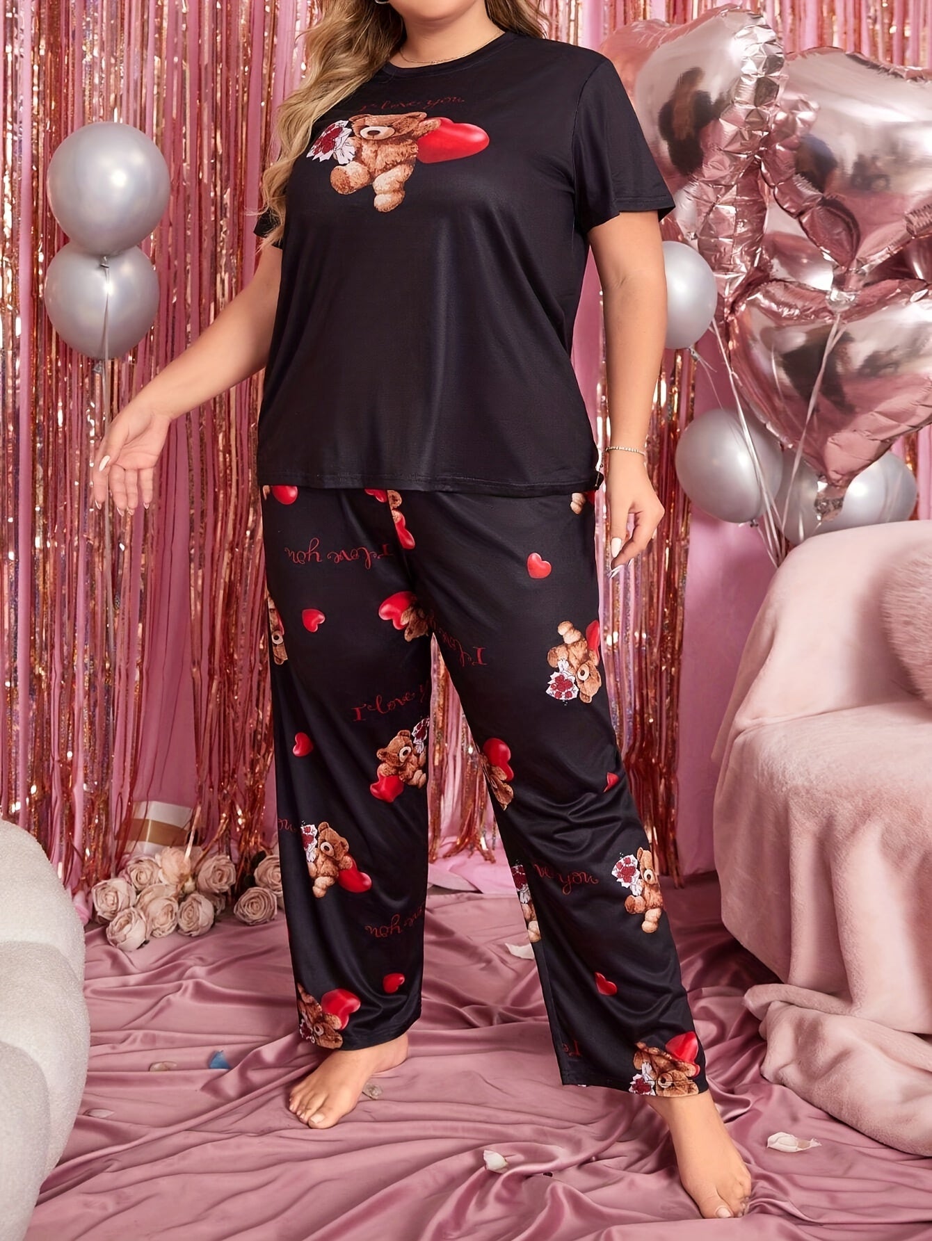 Women's Plus Size Pajama Set Polyester Knit Heart Bear Sleepwear All-Season