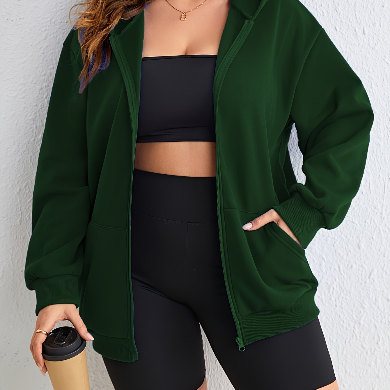 Women's Loose Fit Longline Hoodie Polyester Spandex Black Lounge Workout