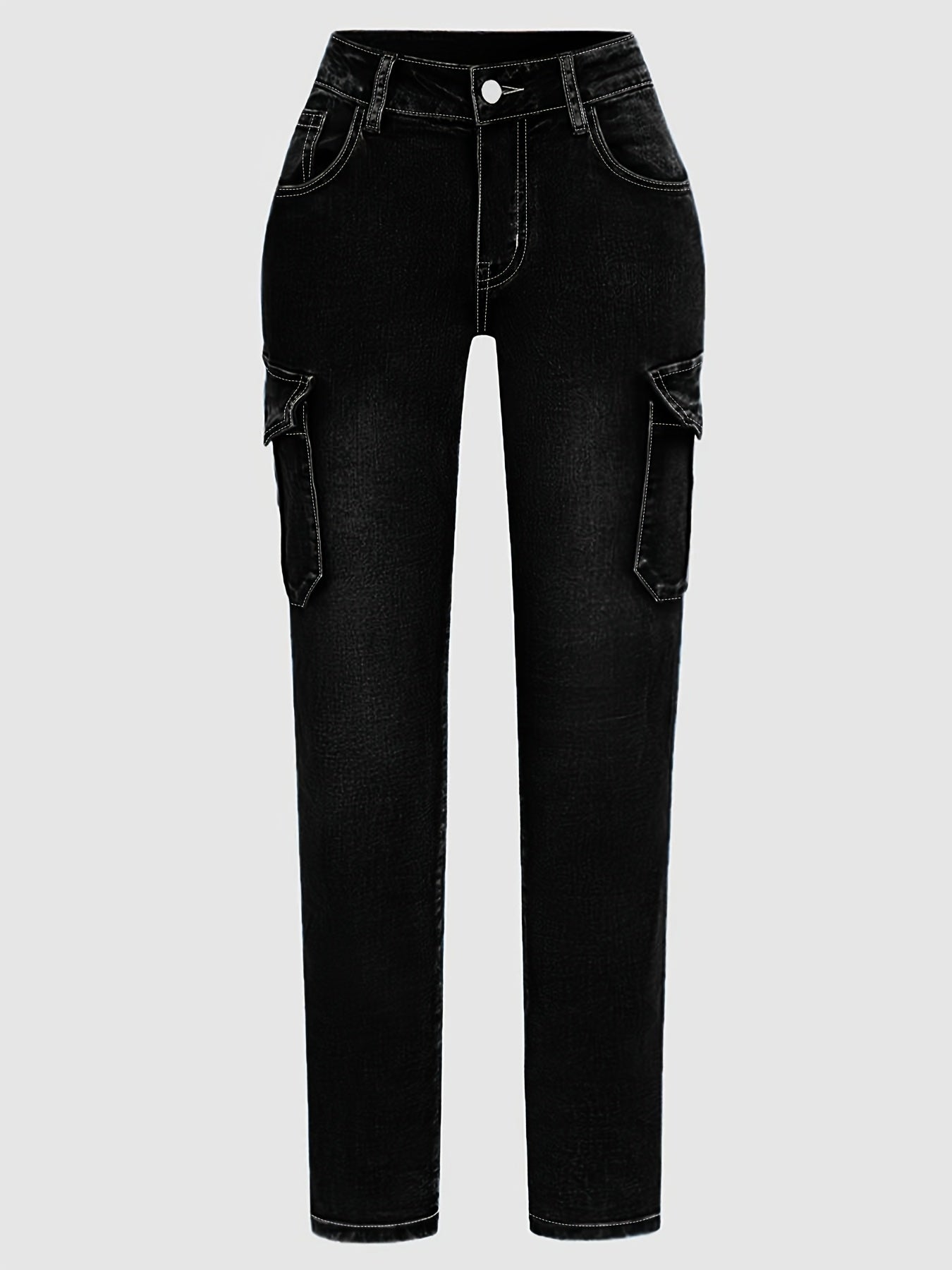 Women Plus Size Black Cargo Jeans with Pockets High Waist Stretchy Denim