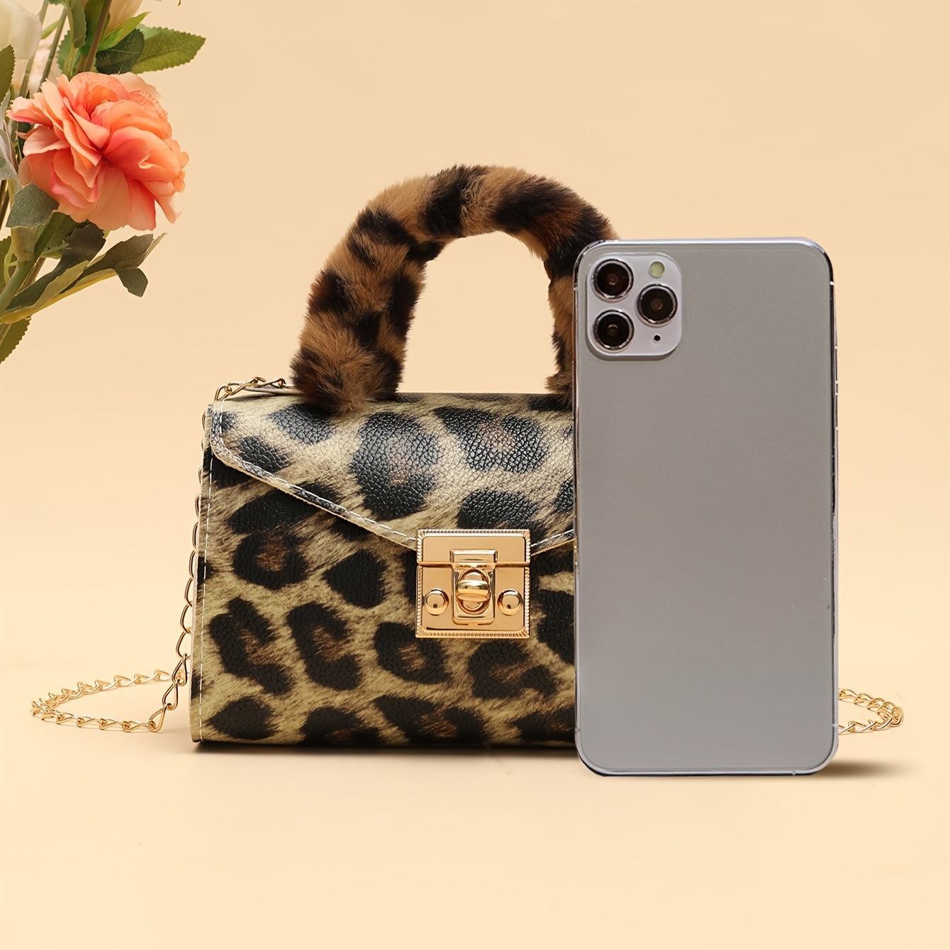 Furry Chain Crossbody Bag with Animal Print and Removable Strap for Daily Use