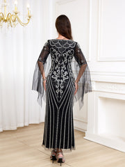 Women's V-Neck Long Dress with Sequin Details for Weddings and Events