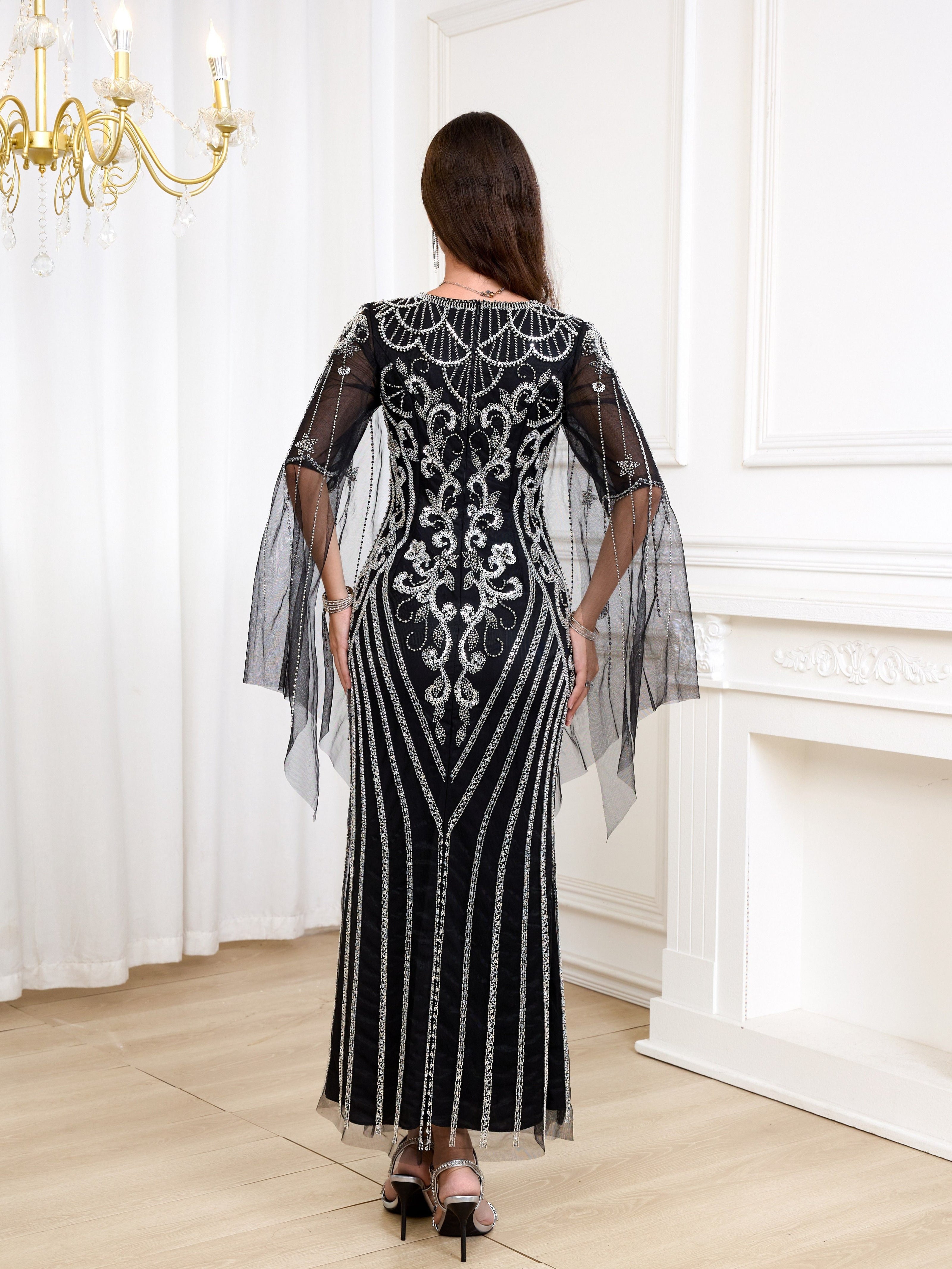 Women's V-Neck Long Dress with Sequin Details for Weddings and Events