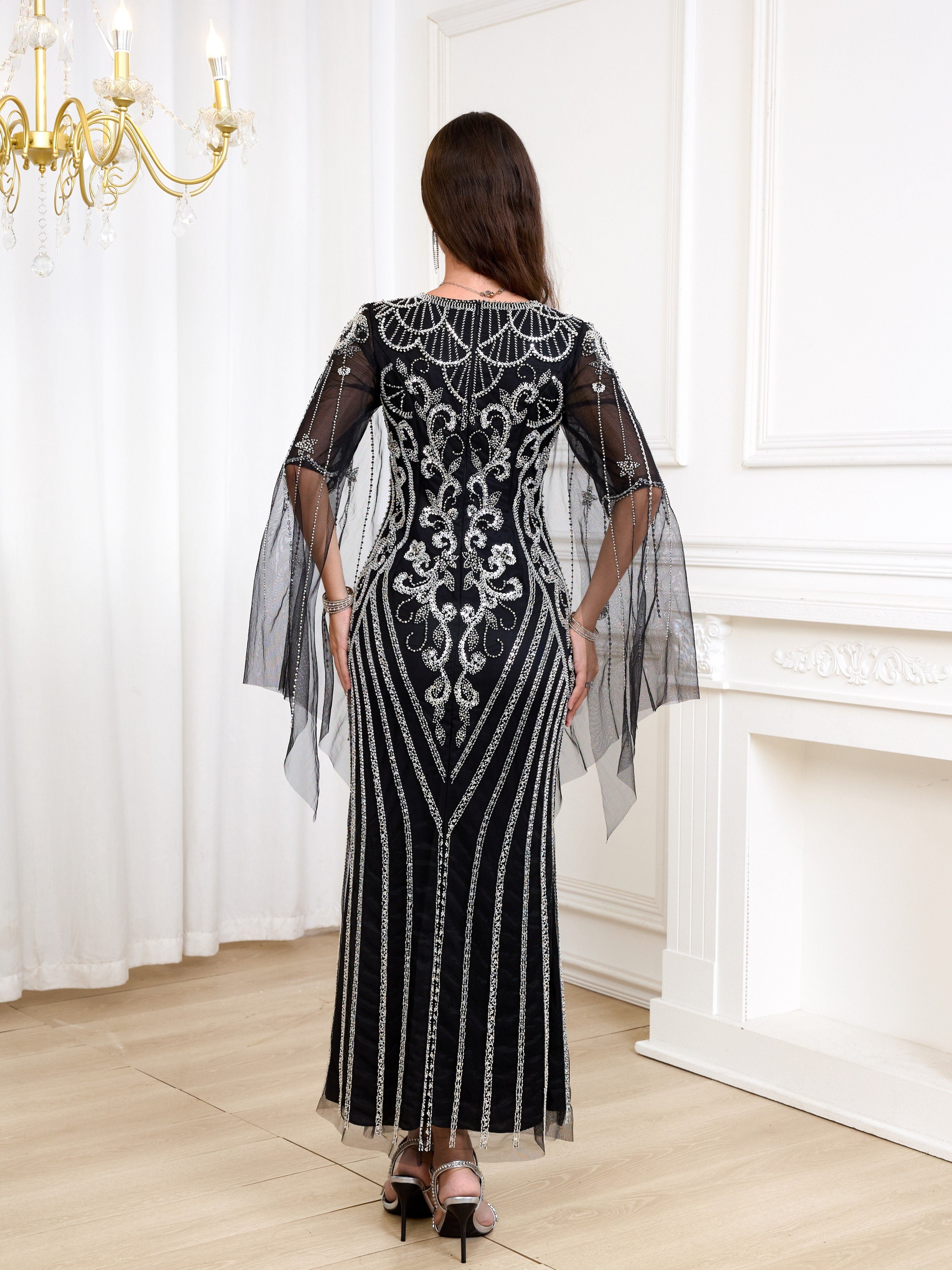 Women's V-Neck Long Dress with Sequin Details for Weddings and Events