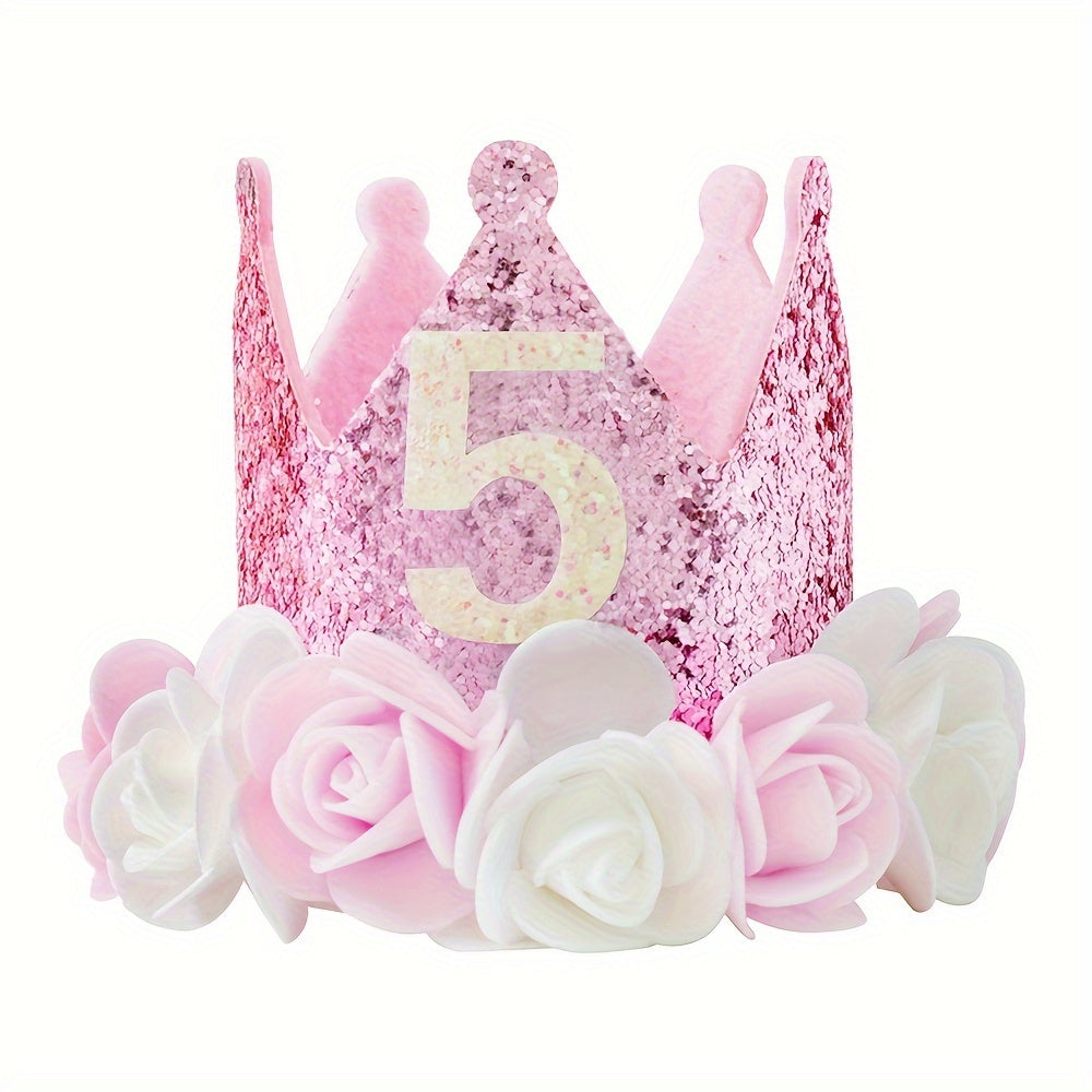 Pink and White Flowered Birthday Crown Hat for Ages 1-5 with Pink Sequins