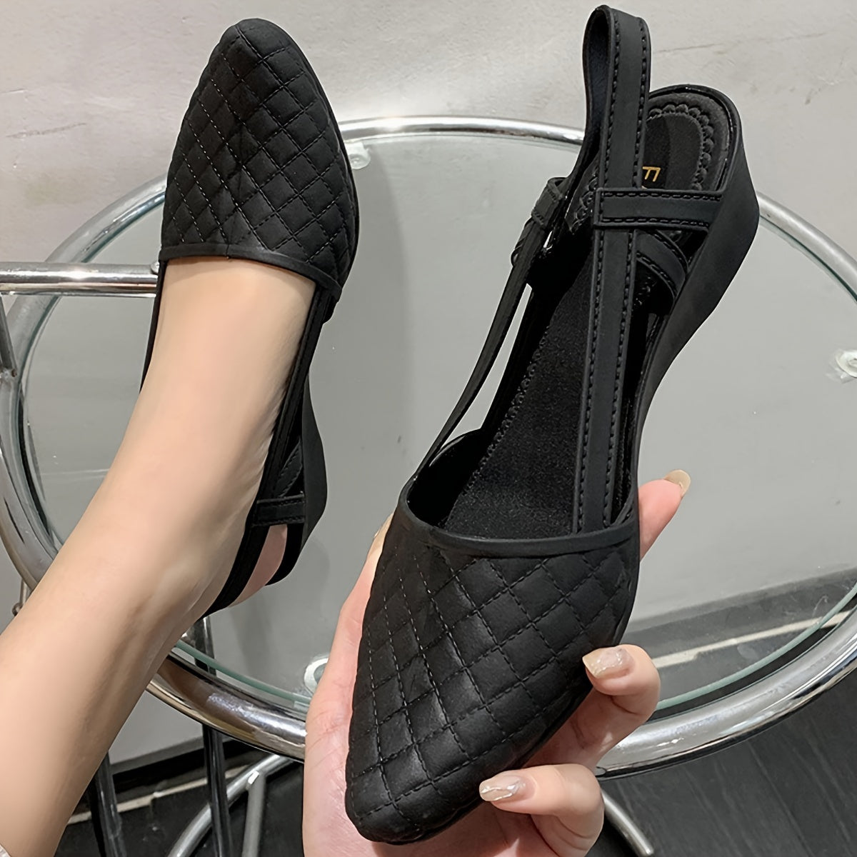 Women's Quilted PVC Sandals with Ankle Strap and Pointed Toe