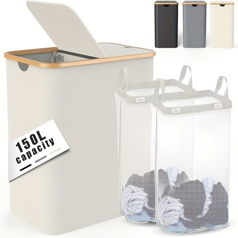 Gran cesta de lavandería con doble tapa abatible de 150L, organizador de ropa plegable
