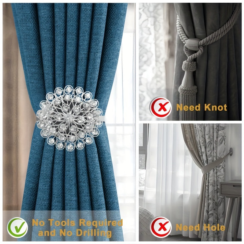 Magnetic Curtain Tieback with Crystal Flower and Elastic Spring Wire for Home Office